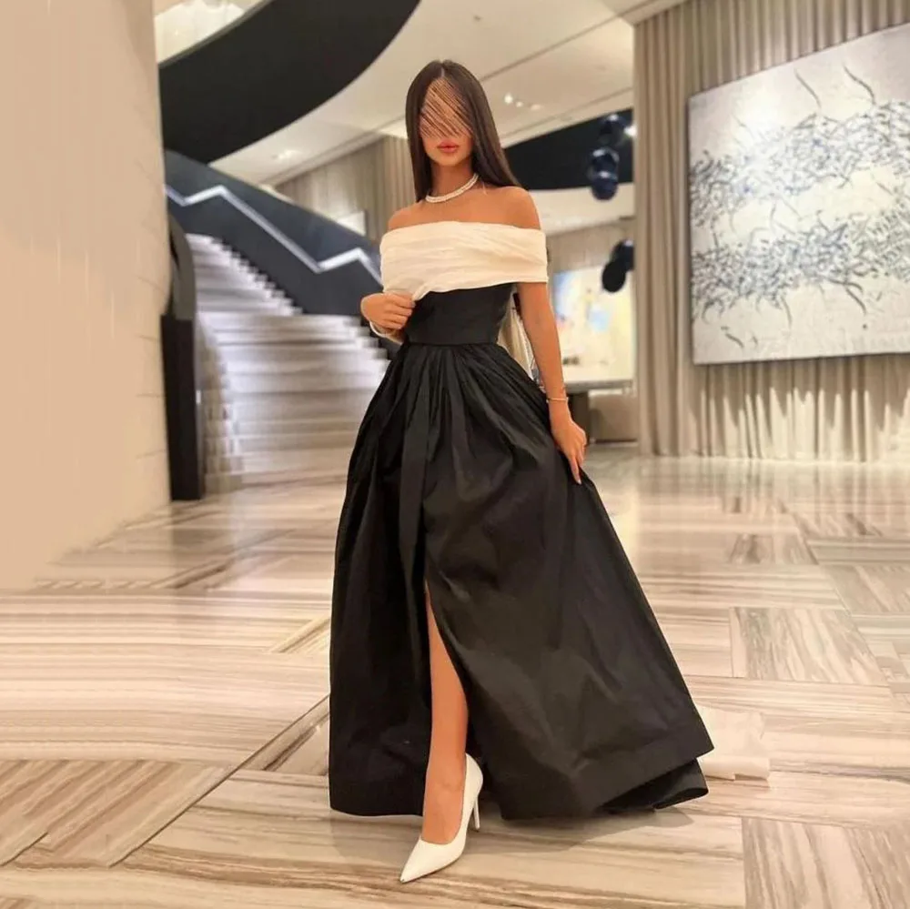 

Msikoods Long Prom Dresses Arabic White And Black Taffeta Evening Dress Women Formal Gown Sexy Side Slit Party Dress Customized