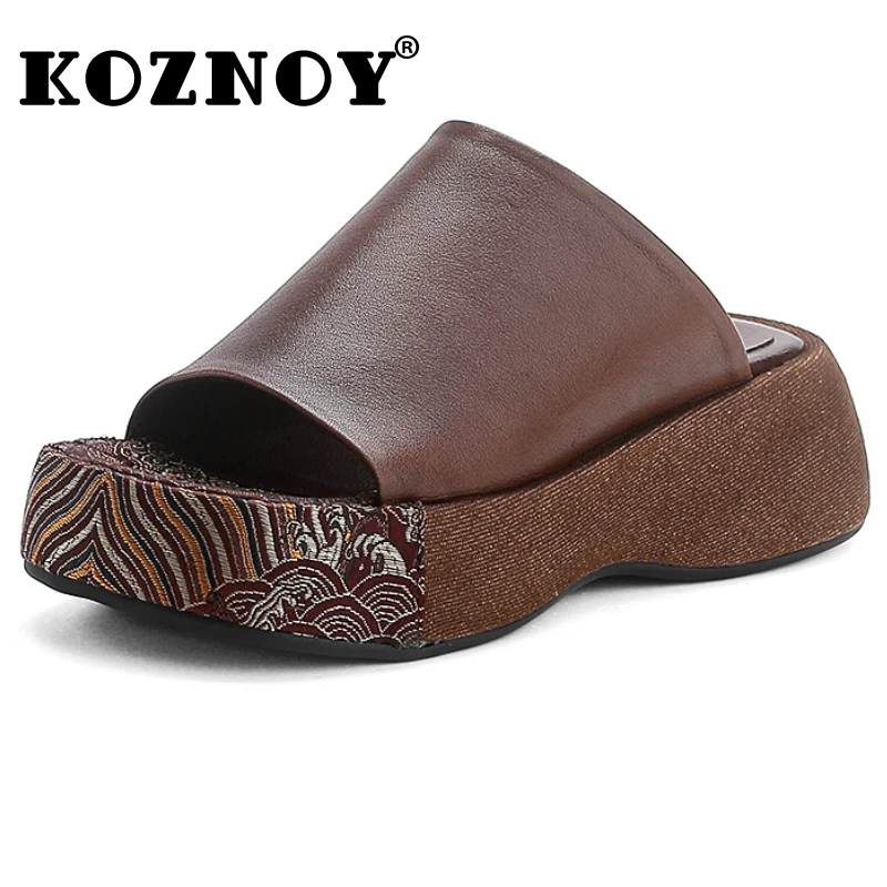 Koznoy 4.5cm Cow Genuine Leather  Platform Wedge Sandals Ladies Summer Comfy Ethnic Women Slippers Embroidery Silk Fashion Shoes