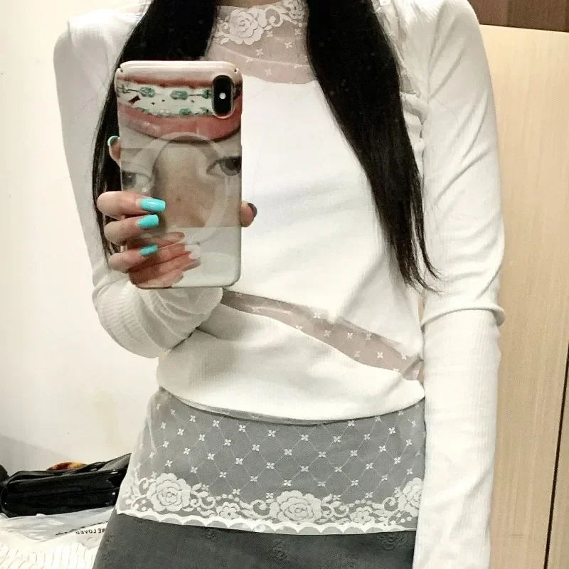 Irregular White Patchwork Knitted Slim Waist Camisetas Long Sleeve American Elegant Lace Women Tees Sheer Y2k Ballet Tshirts