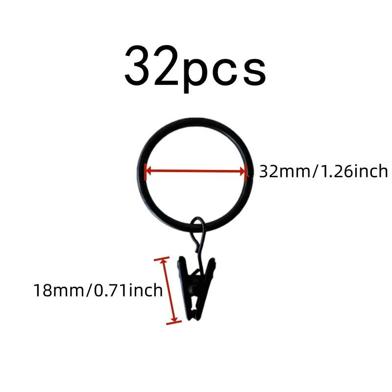 32mm Curtain Clip Rings 32 pcs, Sturdy Metal Ring, Easy Slide On Rod, for Bedroom Window Curtains, Multipurpose