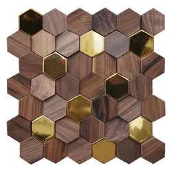 Hexagon North American Black Walnut Solid Wood Mix Gold Metal Mosaic Backsplash Tile NWMT09052