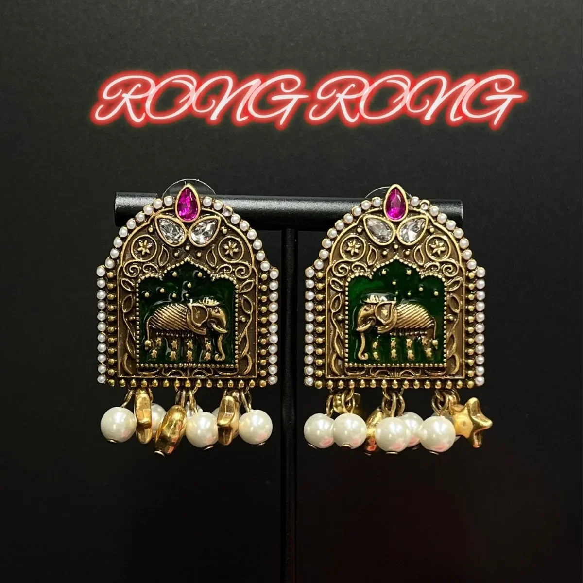 Vintage Exotic Ethnic Made Old Earrings Indonesian Western Region Elephant Diamonds Inlaided Zircon Pearls Medieval Earrings