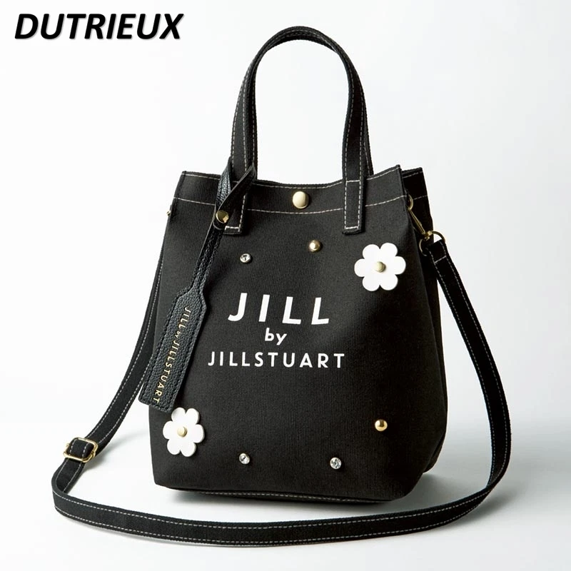 Japanese Magazine Sweet Girl Flower Rhinestone-Embedded Canvas Handbag Women Shopping Shopping Shoulder Bag Black Crossbody Bags