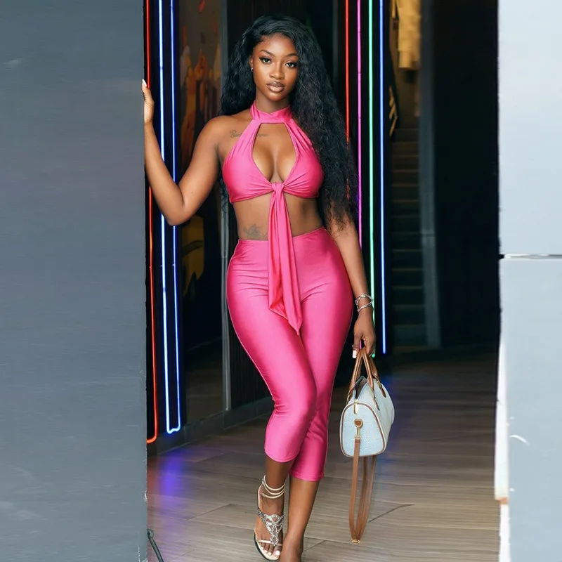 KEXU Halter Tube Hollow Out Twist Tie Outfit Women Ring Splice Cutout Waist Mid Pants 2 Piece Set