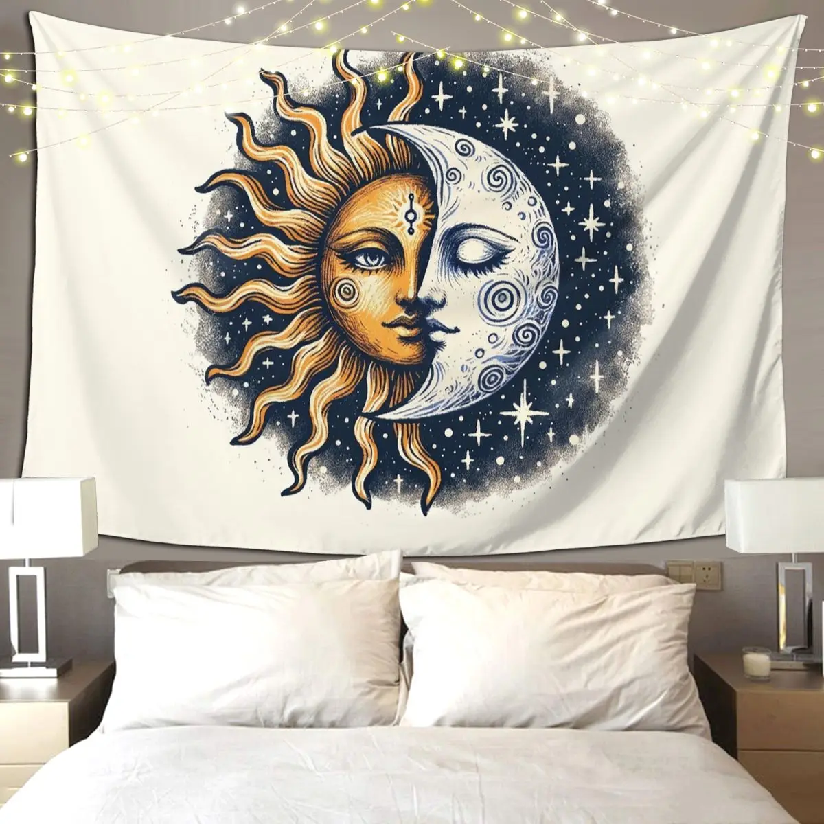 Vintage Sun And Moon Solar Eclipse Tapestry Art Wall Hanging Aesthetic Home Decoration Tapestries Living Room Bedroom Dorm Room