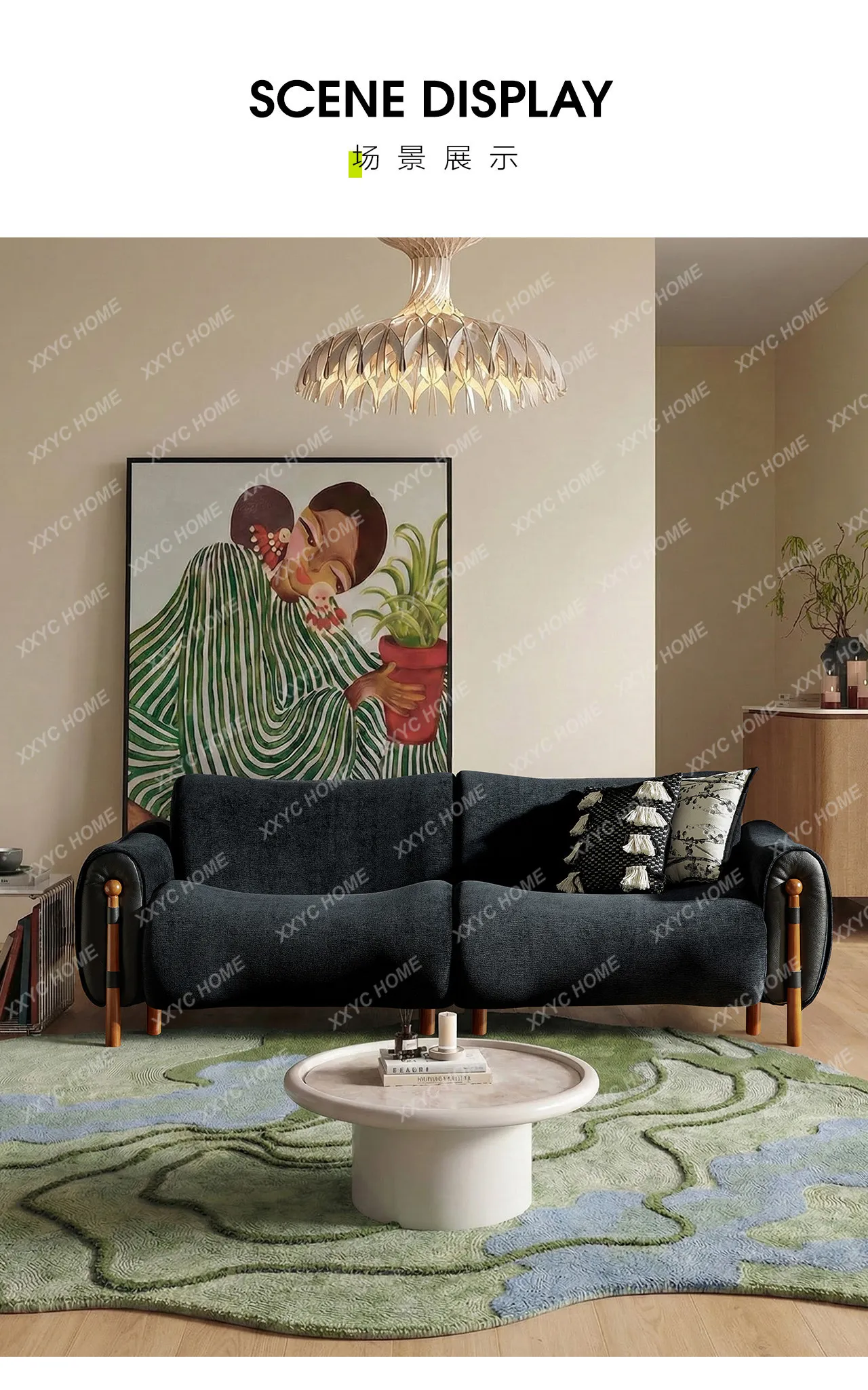 Retro fabric chenille velvet sofa removable and washable living room straight row medieval household small apartment