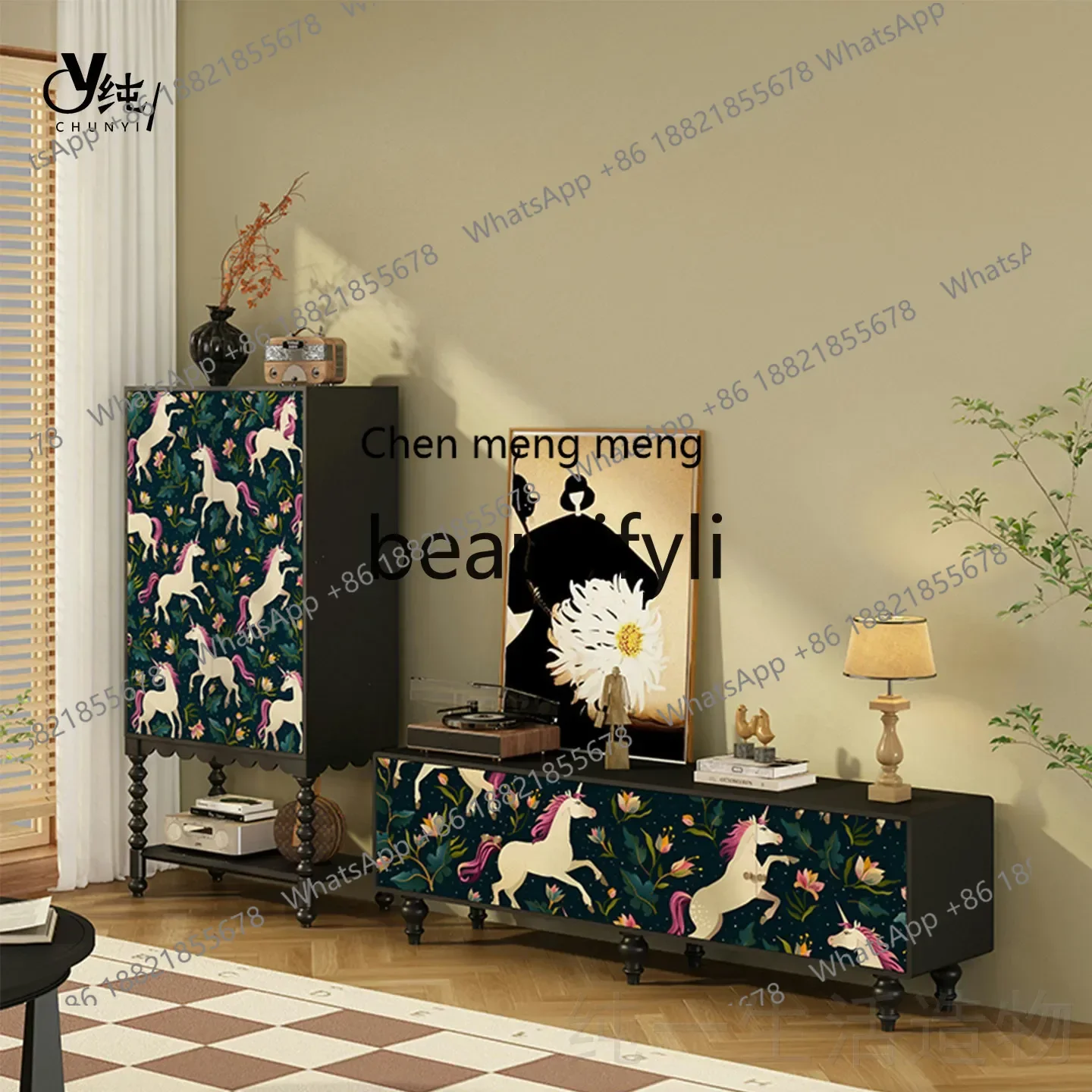 A32 French Retro Style Solid Wood High Cabinet TV Cabinet Combination Living Room Storage Side Cabinet