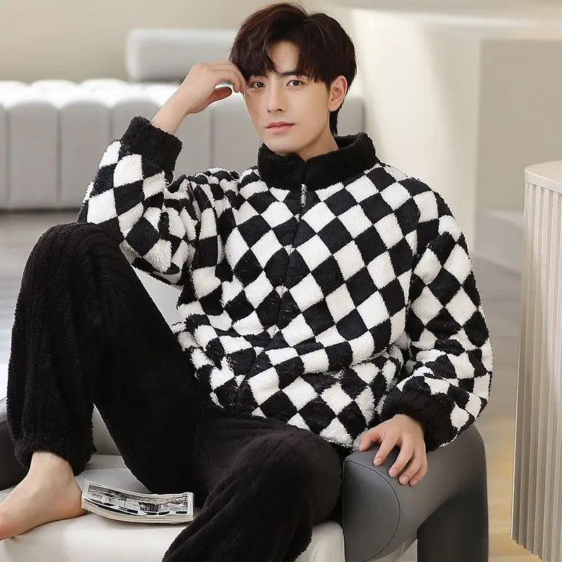 Men's Cardigan Zipper Coral Fleece Loungewear Suit Winter Men's Fleece Thickened Warm Plush Can Be Worn Outside Winter Pajamas