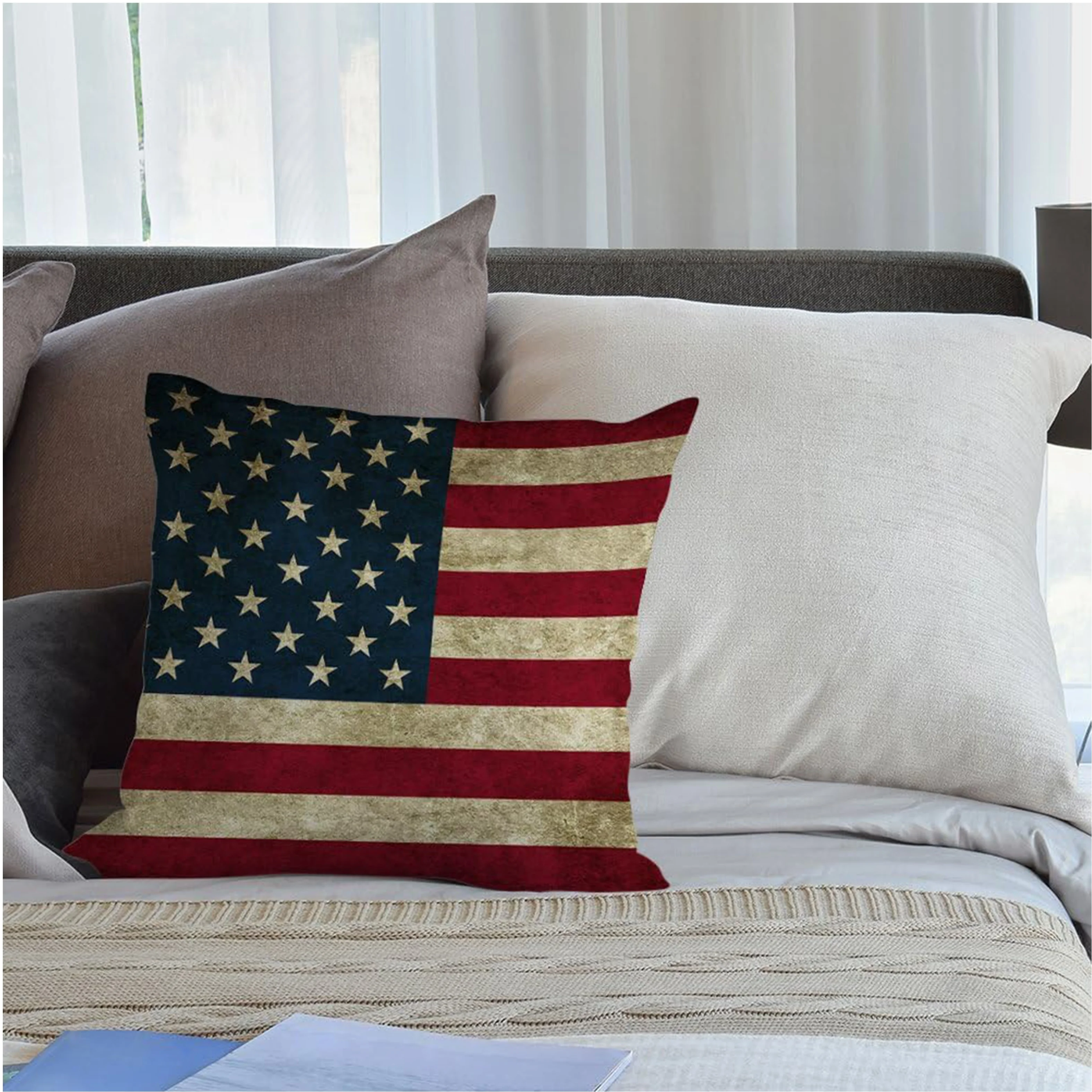 1pc Vintage American Flag Pillow Cover, Patriotic Stars & Stripes Design Cushion Case for Sofa Bedroom Living Room Decor