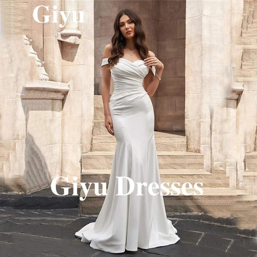 

Giyu Elegant White Satin Wedding Dresses Sweetheart Off The Shoulder Back Button Sweep Train Floor Bridal Gowns Customized