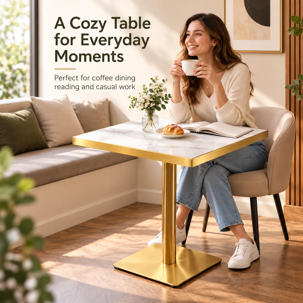 AOLIVIYA Small Square Dining Table 60cm Sintered Stone Marble Look Gold Stainless Steel Pedestal Bistro Table Cafe Restaurant
