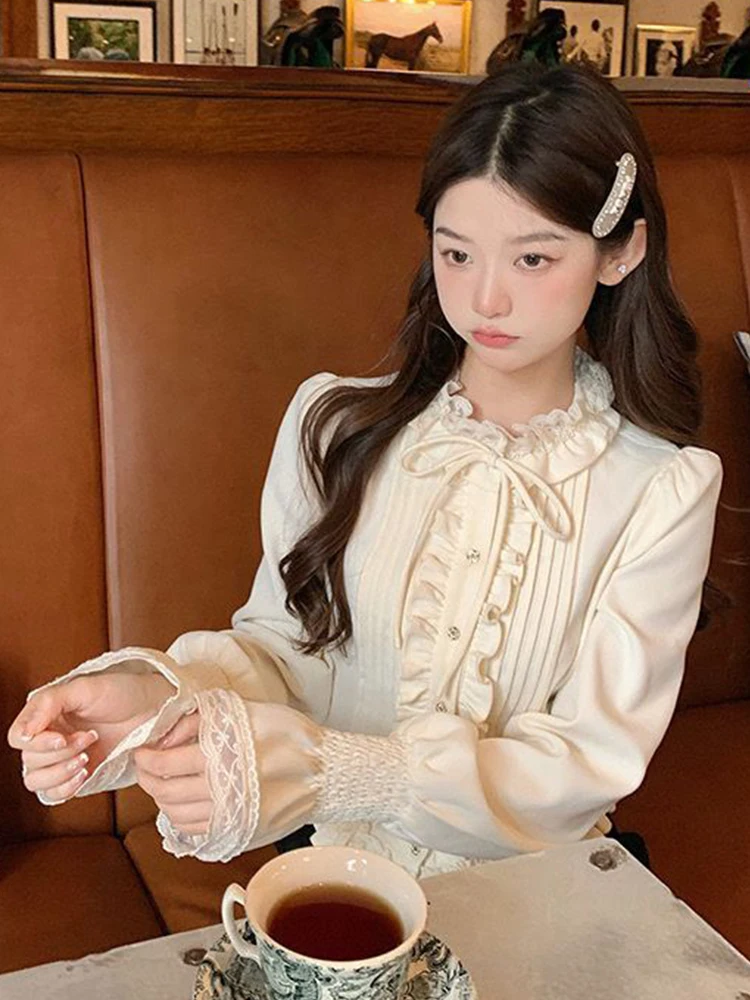 Chemisiers Lolita vintage pour femmes, chemises bandage à volants en dentelle douce japonaise, mode coréenne féminine, Fairycore, manches bouffantes minces, Y-