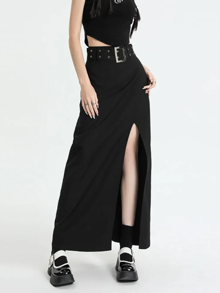 

HOUZHOU Long Black Skirt Women Streetwear High Waist A-line Belt Slim Irregular Split Sexy Goth Maxi Skirt Autumn Fashion