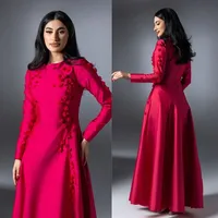 Red Evening Dresses Customized Elegant Satin A-line Draped Flowers Homecoming Dresses Long Sleeve Party Dresses for Special Ocn