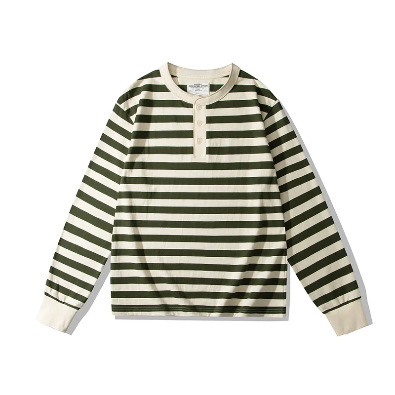 بسيطة مخطط طباعة هنري تي شيرت موضة كم طويل زر علوي الربيع والخريف الرجال عادية تي شيرت الشارع الهيب هوب الرجال الملابس