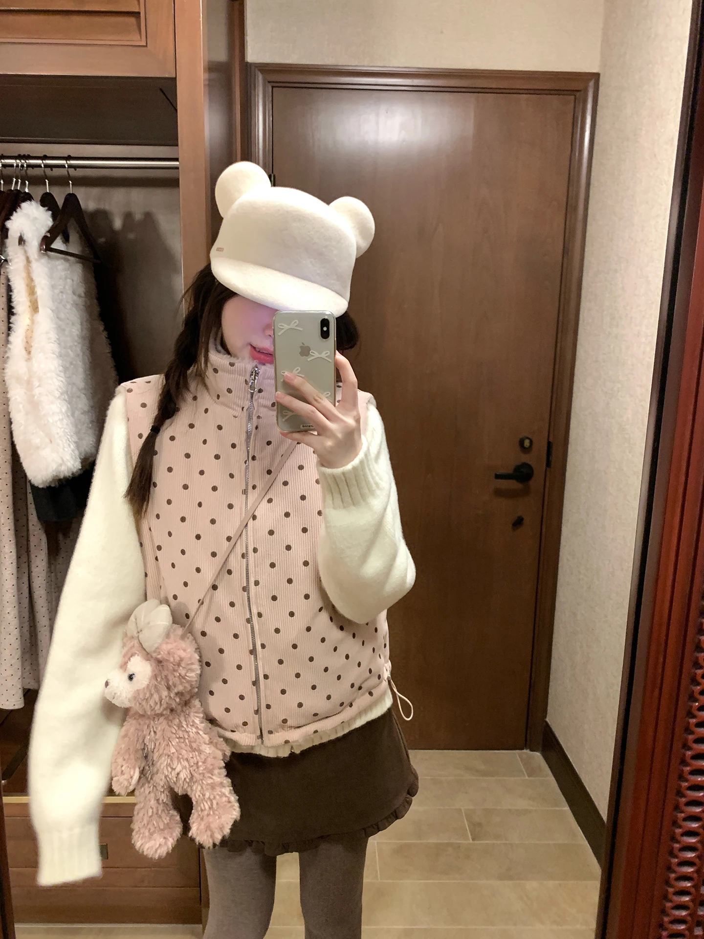 

PtonUmi Pink Polka Dot Double-Sided Wearable Stand Collar Vest Outerwear for Women Warm Cotton Design Sensation Autumn Winter