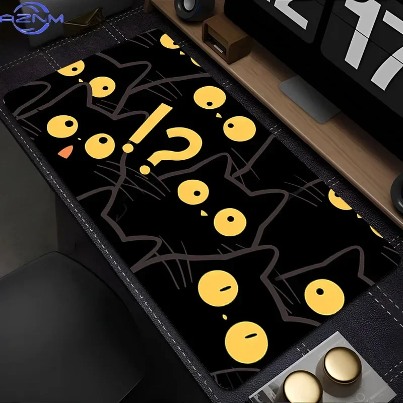 Cute Black Cat with Question Marks Large Desk Mat, Cartoon Anime Gaming Mouse Pad Non-Slip
