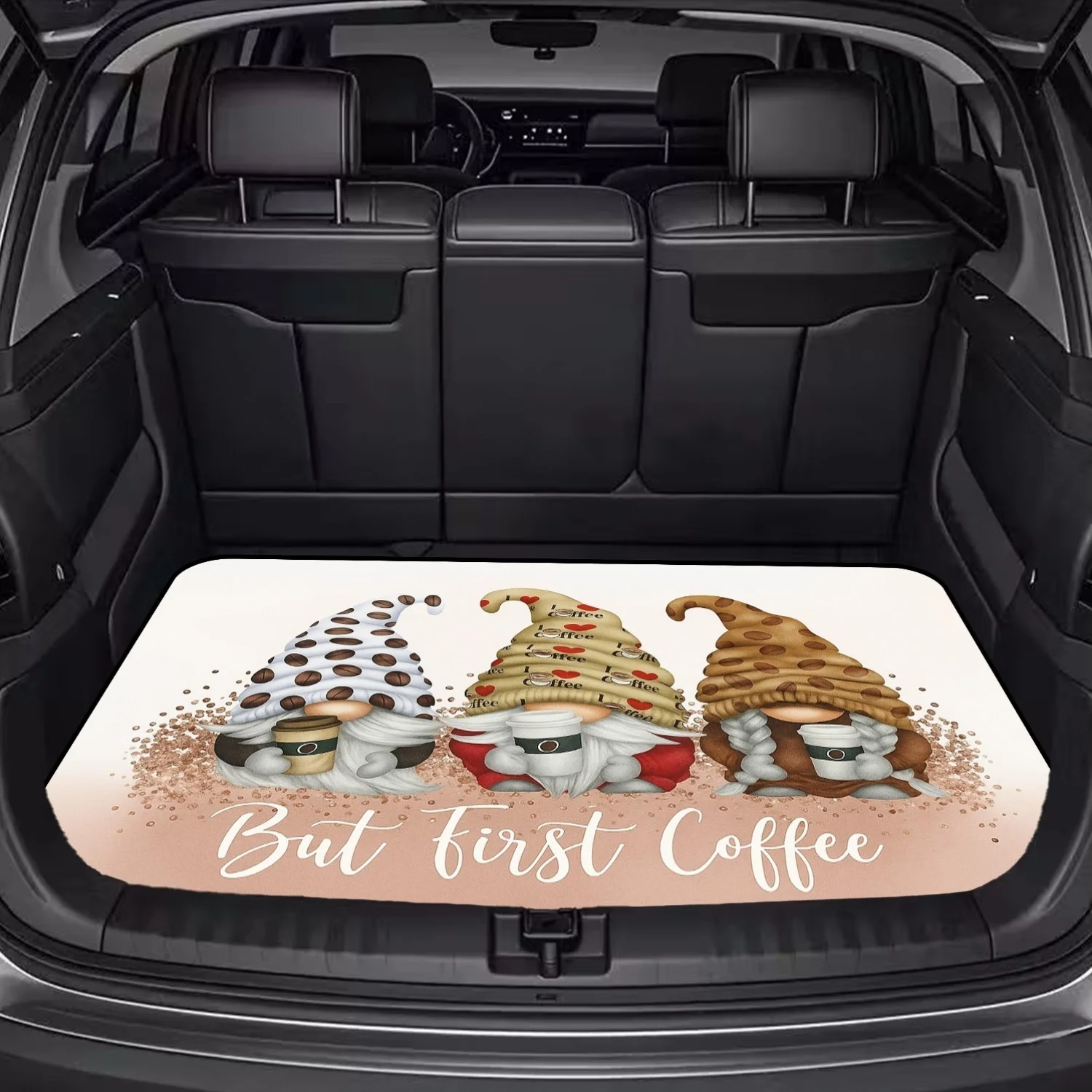 Car Trunk Mat, Coffee Gnome But First Coffee Letter Print Cargo Liner, Non-Slip Rear Trunk Protector, Women Car decor, Car Accessories, Interior Decoration Mat, Universal Fit For SUV Sedan Truck, Lovely Cof