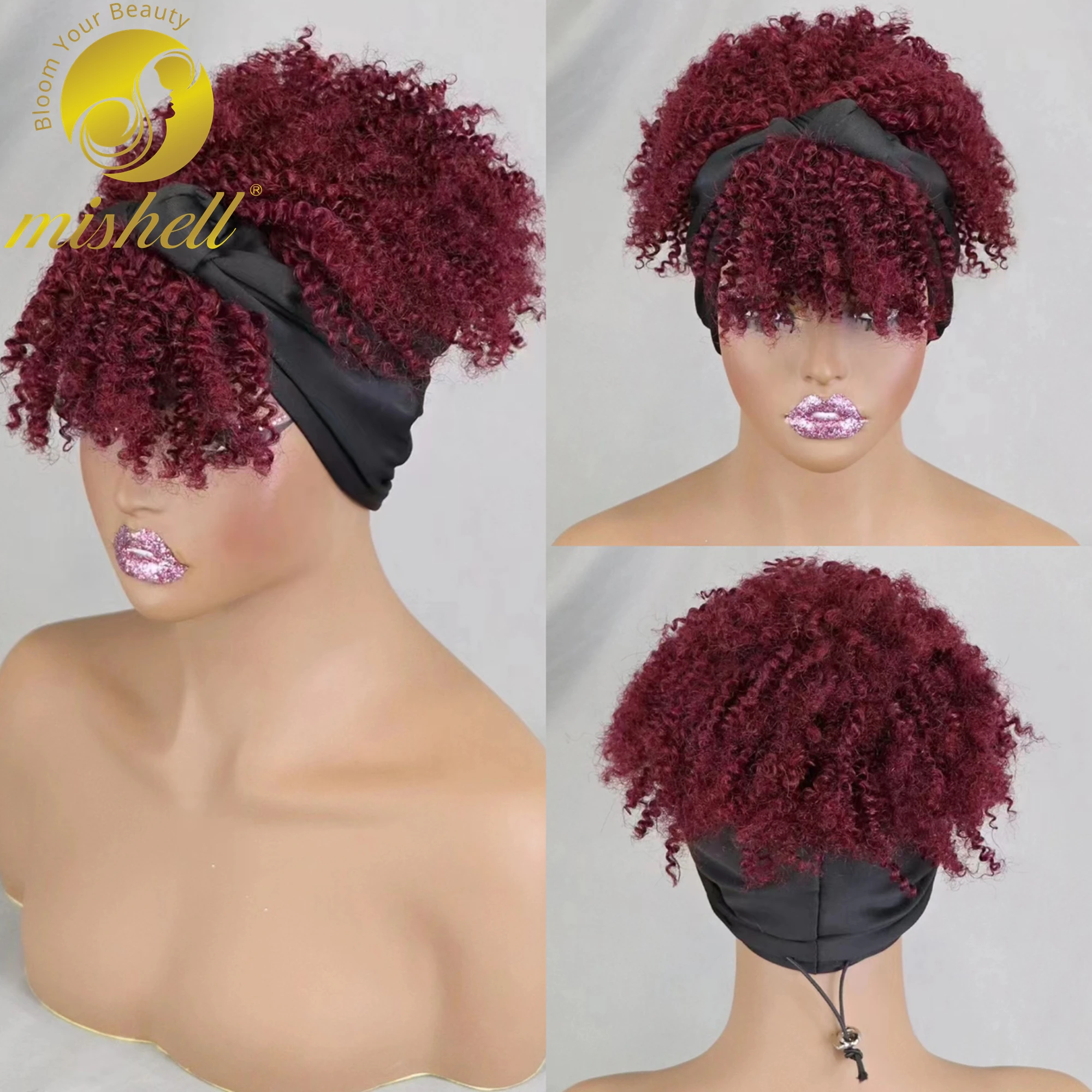 

Burgundy Afro Kinky Curly Scarf Wig with Bangs Machine Made Wig Curly 100%Human Hair Wig Preplucked 200% Density for Black Women