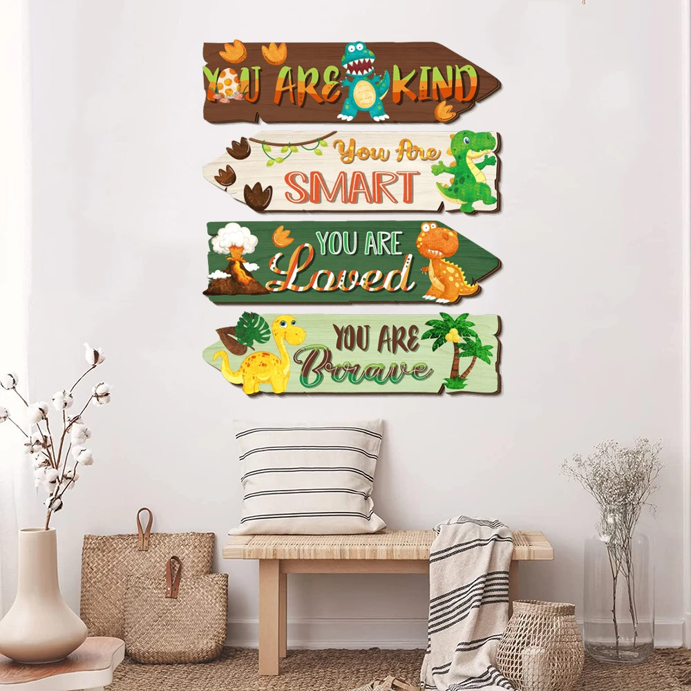 Cartoon Watercolor  Dinosaur Inspirational Quote Wall Stickers Motivational Quote Brave Strong Smart Wall Decals Playroom Decor
