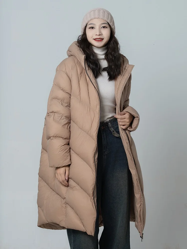 

132cm Bust Autumn Winter Women Hooded Puffy Coat Warm 90% White Duck Down Coats