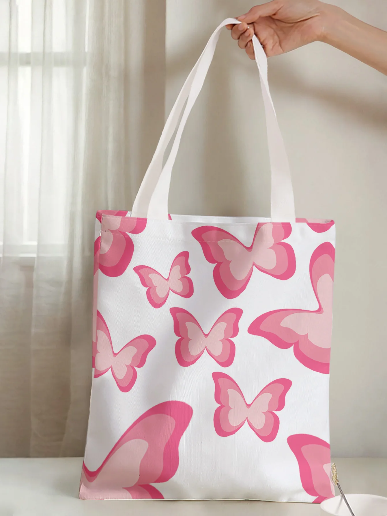 Pink Butterfly Print Tote Bag Large Capacity Shoulder Bag For Shopping Travel Daily Use