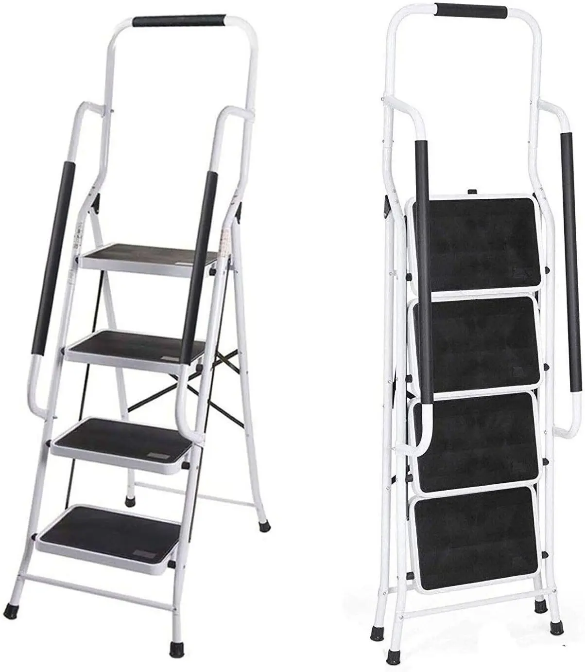 Stehleiter klappbar, Trittleiter 4 Stufen mit Handlauf, tragbarer Klapptritt, Sicherheitsverriegelung mit rutschfester breiter Stufe