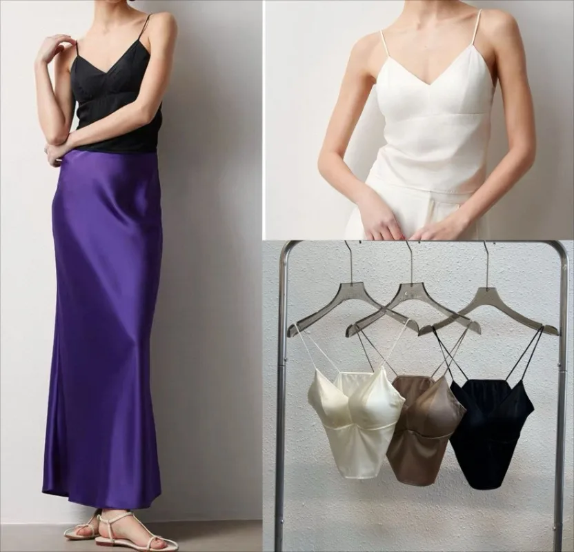 

19mm Silk Stretch Satin V-neck Triangle Cup Suspender Underwear Tube Top Vest Bra