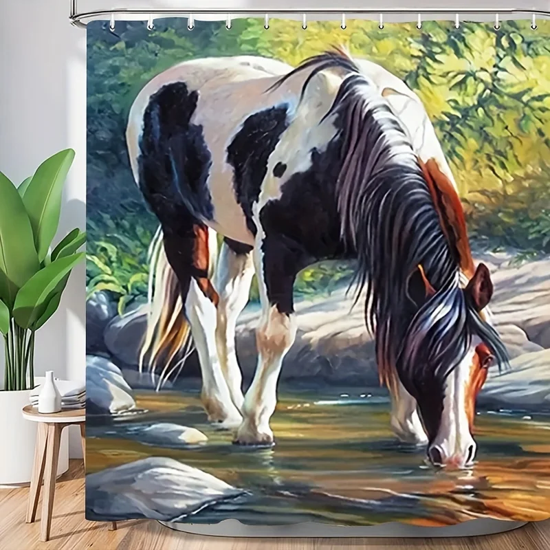 Horse Drinking in Stream Shower Curtain Animal Nature Landscape Scenic View Bathroom Window Decor with Hooks