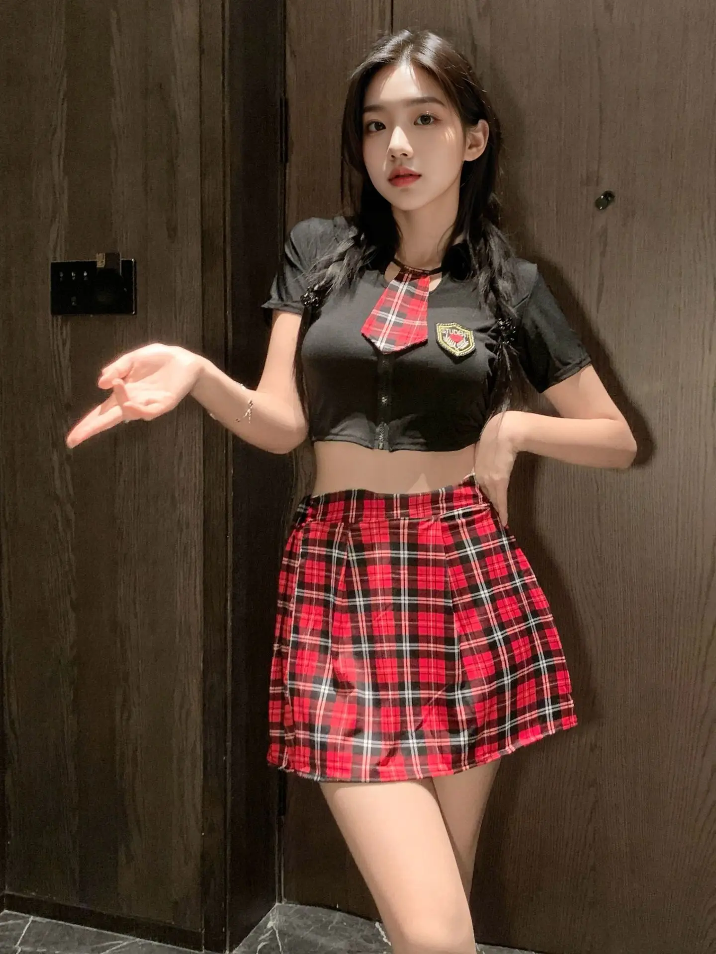 2025 New Women Fashion Sexy Round Neck Zipper Slim Short Sleeve Top+high Waisted A-line Grid Short Skirt Uniform Set 6ESB