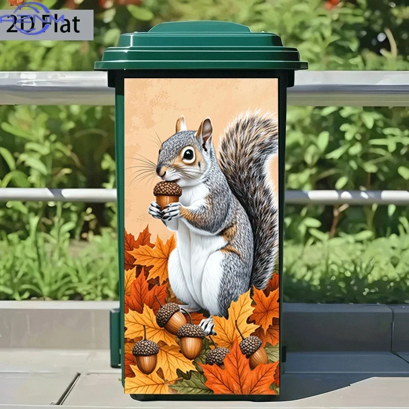2D Flat Printing 1pc 2D Pattern Printed Kitchen Trash Can Sticker xcm, Squirrel Holding Fruit with Autumn Leaves Theme Kitchen