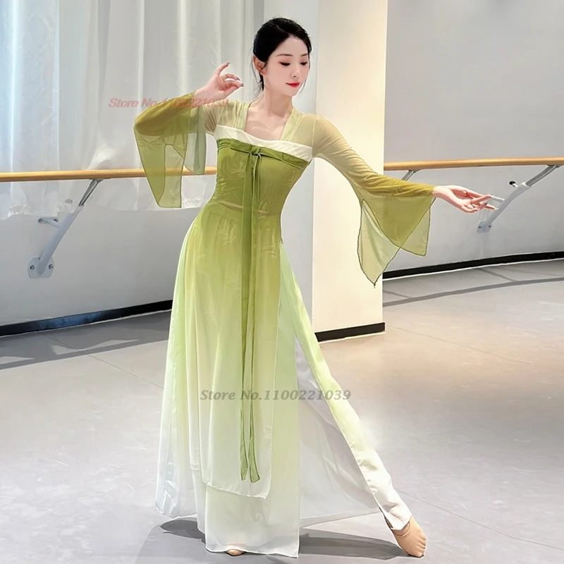 2025 الصينية خمر ملابس رقص الشعبية التدرج اللون شبكة hanfu بلايز + فستان أطفال مع سروال داخلي خمر فستان من الشيفون مرحلة الأداء