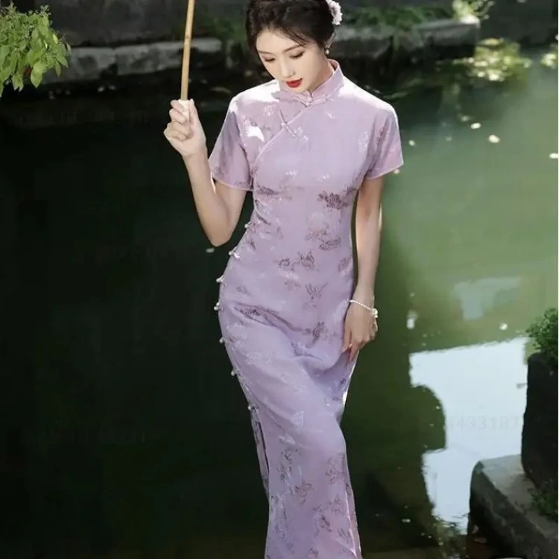 

Oriental charm purple long cheongsam, high-end jacquard stage party dress