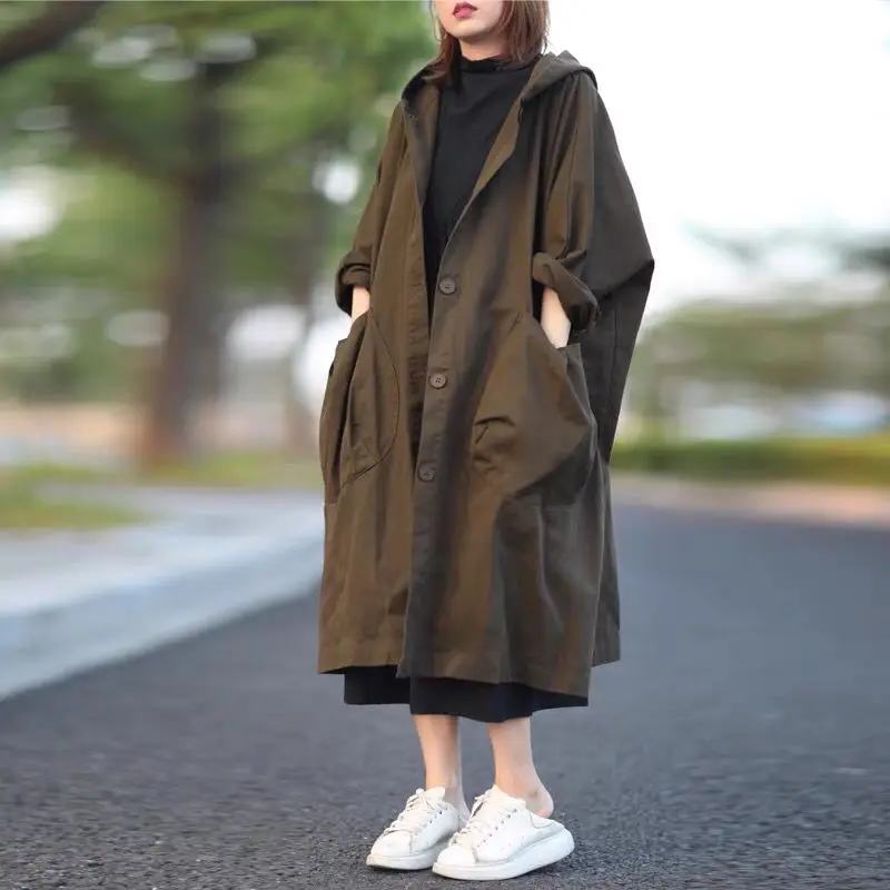 2025 Knee-Length Batwing Sve Hooded Cotton Coat Women's Mid-Length Oversized Pure Cotton Windbreaker Korean Sle Commute