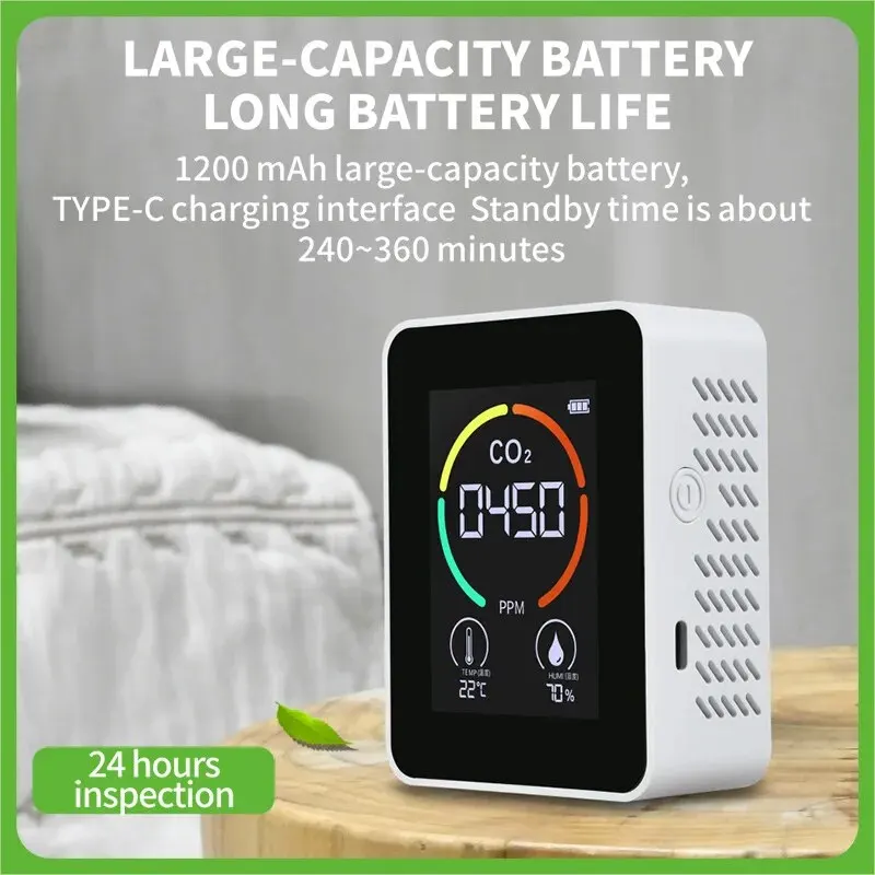 Compteur de CO2 LCD 3 en 1, 2.8 pouces, qualité de l'air, température, détecteur de dioxyde de carbone, étalonnage automatique, 400-5000PPM, noir, blanc