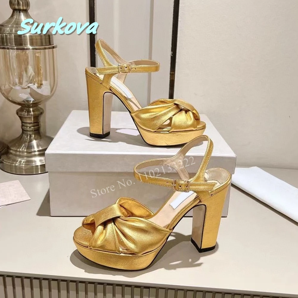 

2024 Gold Platform Block Chunky Heel Sandals Women Heels Round Toe Ankle Buckle Strap Super Solid Sexy Fashion Summer Shoes New