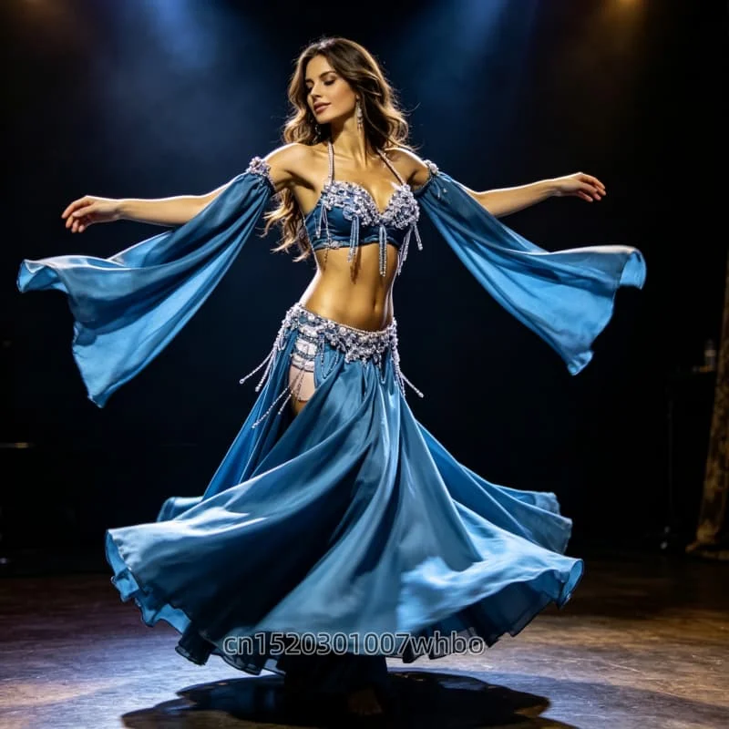 Costumes de danse orientale pour femmes, 2 pièces, avec soutien-gorge orné de pierres AB et de franges, jupe longue en satin pour les compétitions de danse du ventre