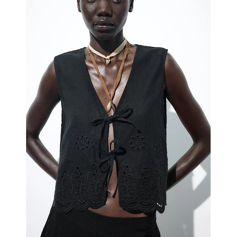 Letnia damska kamizelka z mieszanki lnu, wiązana, ażurowa, haftowana, dekolt w serek, wyszczuplający top na ramiączkach, oryginalny projekt, włókno poliestrowe.