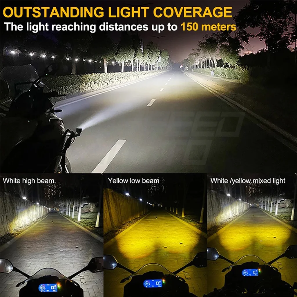 Motorcycle LED Spotlight Dual Color Hi/Low Beam Fog Lamps for Car Trucks SUV UTV 12V 24VMini Lens Headlight Driving Light