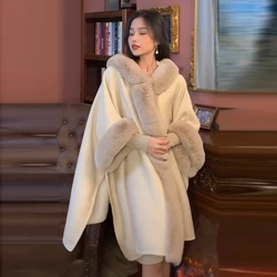 Women Vintage Shawl Bat Sleeves Hooded Fur Collar Plus Fleece Padded Cape Shawl Female Cape Jacket Loose Knit Cardigan Outwear