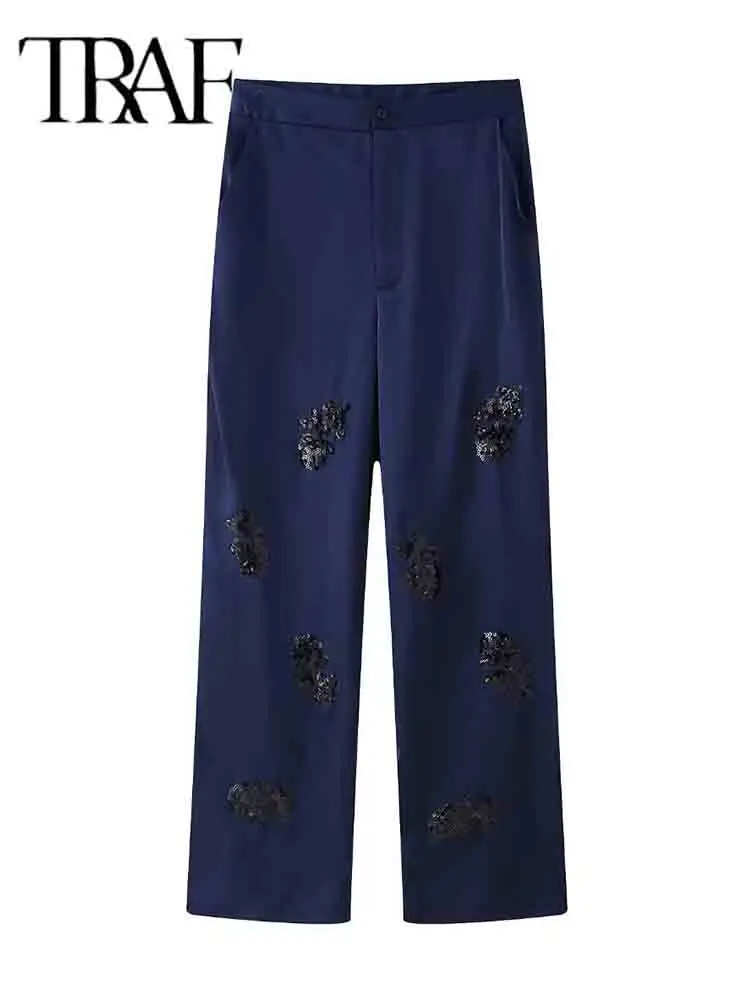 TRAF Sequin Pants Sets For Women 2 Pieces 2024 New Fashion Satin Kimono Coat Women's Suit Elegant Two Piece Set Women Outfit