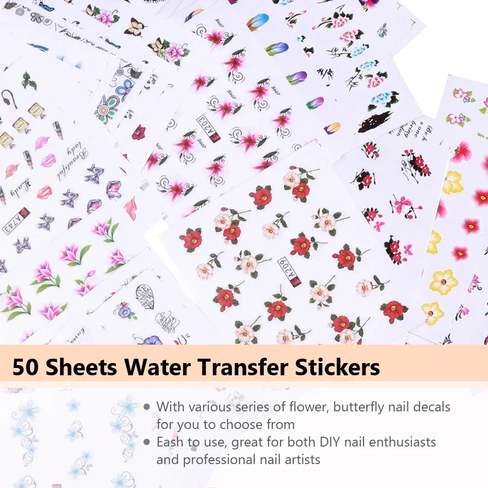 50 Pcs Nail Stickers Mixed Designs Water Transfer Nail Art DIY Decals Waterproof Beauty Tools for Creative Decoration