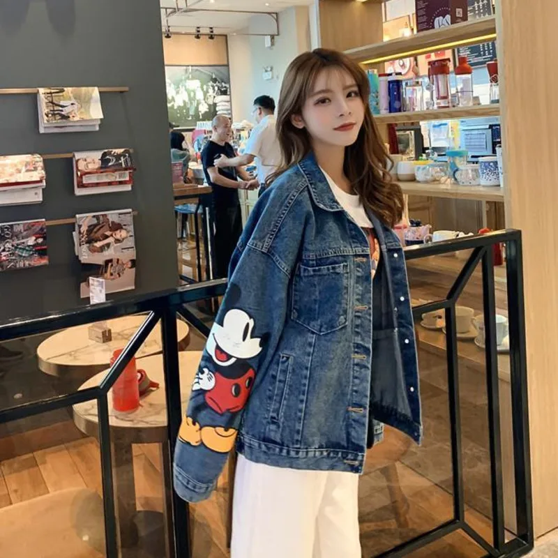 Miniso botão disney mickey denim casaco dos desenhos animados gráfico bonito jaquetas manga longa coreano outerwear cowboy casaco de grandes