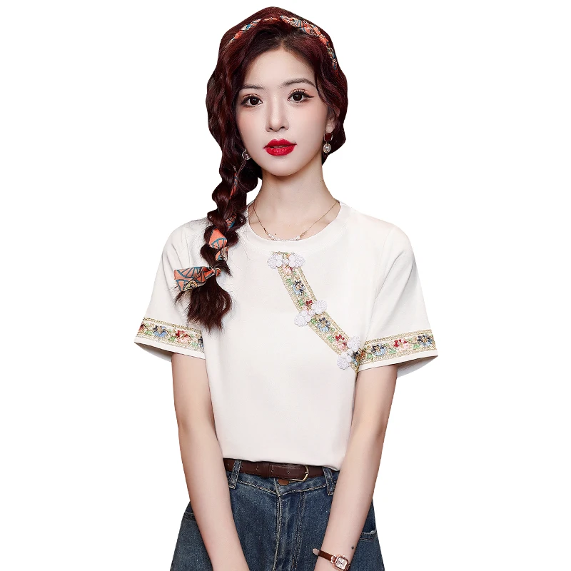 Chinese Style Women\'s T-shirt Summer New Embroidery Vintage Tees Short Sleeve Loose Women Tops Cotton O-neck Clothing