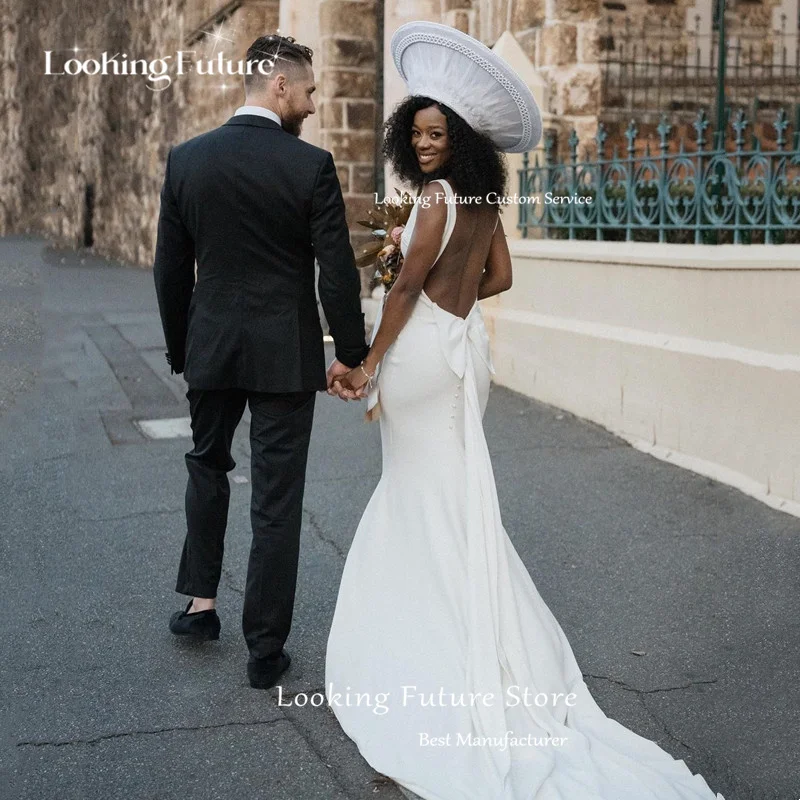 Vestido de noiva sereia com cinta de espaguete, longo, decote em v, formal, plissado, vintage, sem encosto, arco, crescimento nupcial, varredura, trem, sexy, clássico