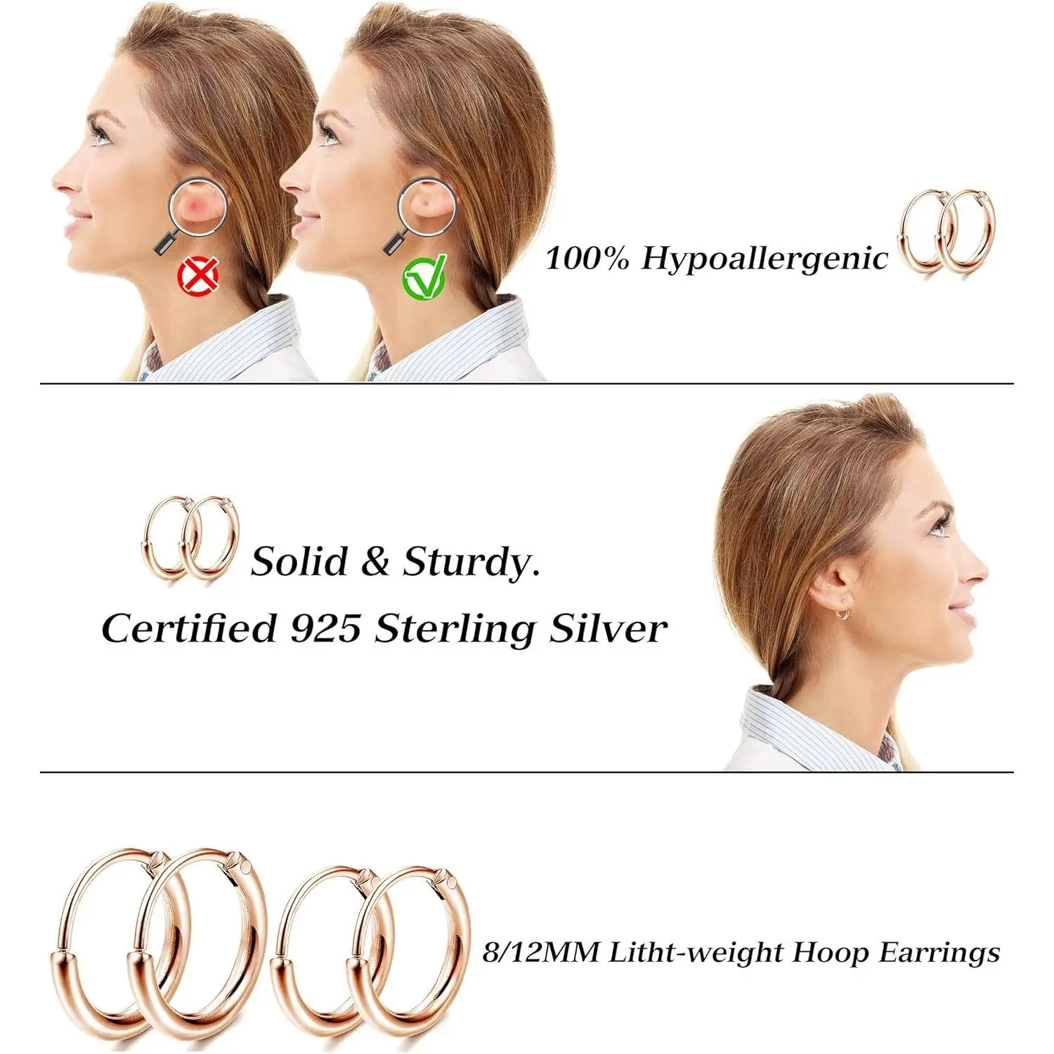 Fansilver 8Pairs 925 Sterling Silver Stud Earrings Sets for Women Men 14K Gold Plated Earrings Lightweight Hoops Cartilage Sets