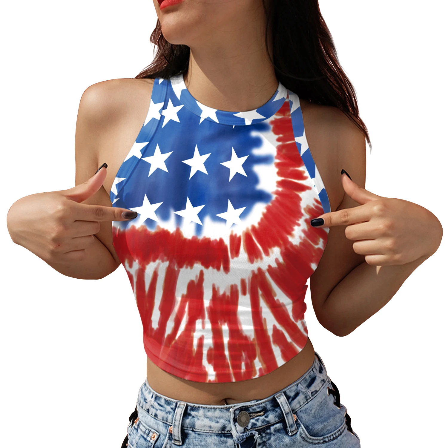 [You\'re My Secret] Women Crop Top Independence Day American Flag Print Streetwear Sleeveless Summer Camisole Harajuku Clothing