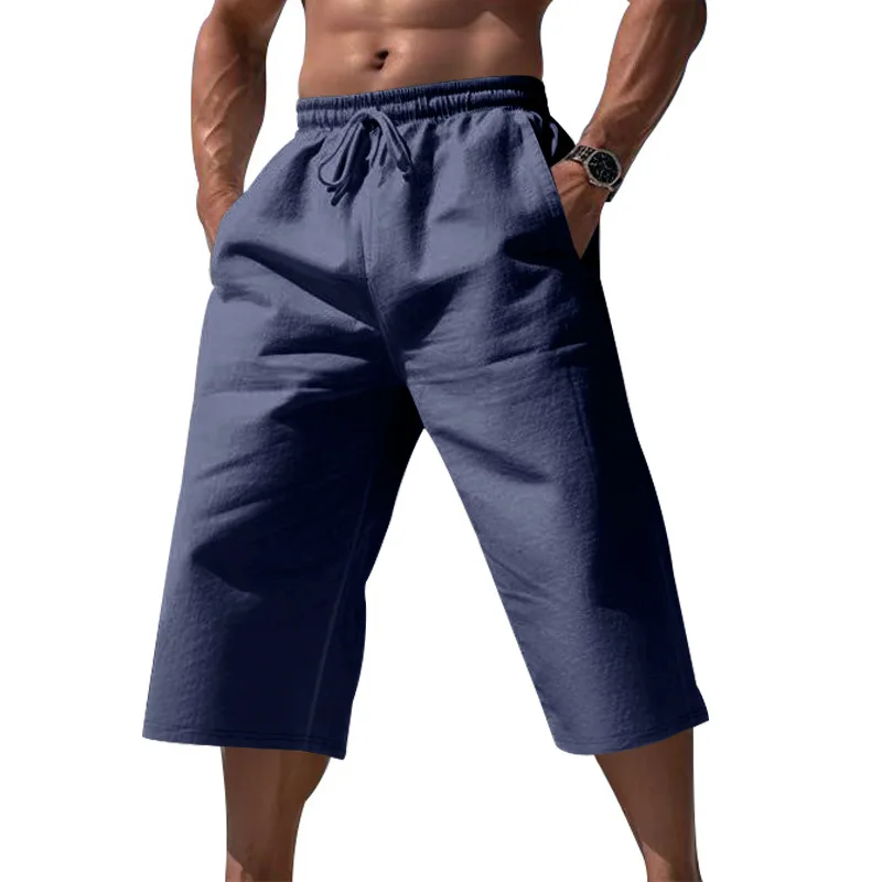 Men's Summer Casual Linen Blend 7/8 Length Shorts Elastic Waist Drawstring Cropped Pants