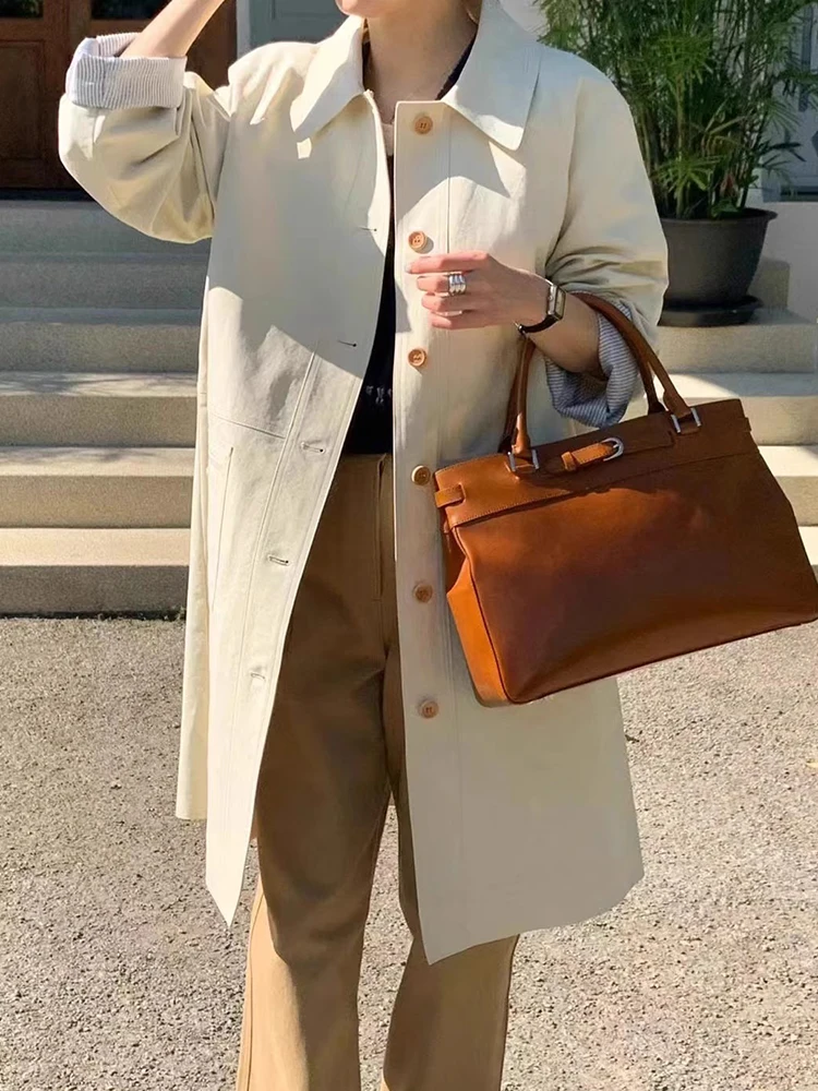 エレガントな秋のロングシングルボタンダブルポケットショールカラーカジュアルレディースウインドブレーカーコートシックな通勤韓国風ルーズフィット