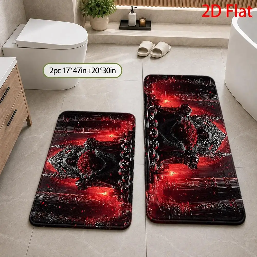 2D Flat Gothic Death Throne Crimson Rose Area Rug, Dark‑romantic Halloween Horror‑themed Floor Decor